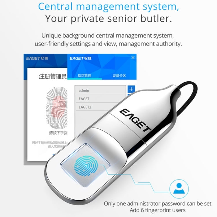 EAGET FU5 64G USB 2.0 Interface Metal Flash U Disk with Fingerprint Identification - free shipping - PMC Jewellery - Order now!