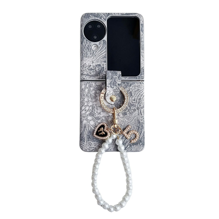 For OPPO Find N3 Flip Embroidery Style Full Coverage Phone Case with Ring Bead Chain(Grey) - Find N3 Flip Cases by PMC TechLife | Online Shopping South Africa | PMC TechLife | Buy Now Pay Later Mobicred