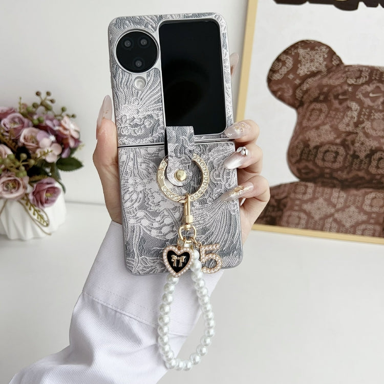 For OPPO Find N3 Flip Embroidery Style Full Coverage Phone Case with Ring Bead Chain(Grey) - Find N3 Flip Cases by PMC TechLife | Online Shopping South Africa | PMC TechLife | Buy Now Pay Later Mobicred