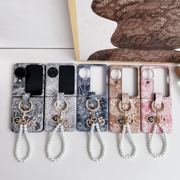 For OPPO Find N3 Flip Embroidery Style Full Coverage Phone Case with Ring Bead Chain(Grey) - Find N3 Flip Cases by PMC TechLife | Online Shopping South Africa | PMC TechLife | Buy Now Pay Later Mobicred