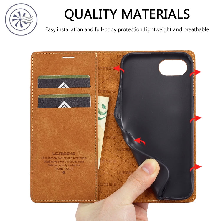 For iPhone 16e LC.IMEEKE Strong Magnetism Microfiber Leather Phone Case(Brown) - iPhone 16e Cases by LC.IMEEKE | Online Shopping South Africa | PMC Jewellery | Buy Now Pay Later Mobicred