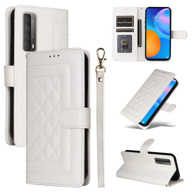 For Huawei P Smart 2021 Diamond Lattice Leather Flip Phone Case(White) - Huawei Cases by PMC TechLife | Online Shopping South Africa | PMC TechLife | Buy Now Pay Later Mobicred