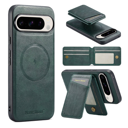 For Google Pixel 9 Fierre Shann Cowhide Vertical Flip Magnetic Card Holder Phone Case(Green) - Google Cases by FIERRE SHANN | Online Shopping South Africa | PMC Jewellery | Buy Now Pay Later Mobicred