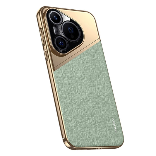 For Huawei Pura 70 Plain Leather Electroplated PC Frame Phone Case(Green) - Huawei Cases by PMC Jewellery | Online Shopping South Africa | PMC Jewellery | Buy Now Pay Later Mobicred