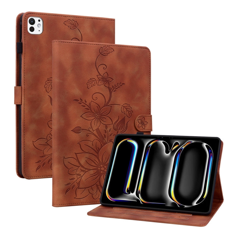 For iPad Pro 11 2024 Lily Embossed Leather Smart Tablet Case(Brown) - iPad Pro 11 2024 Cases by PMC Jewellery | Online Shopping South Africa | PMC Jewellery | Buy Now Pay Later Mobicred