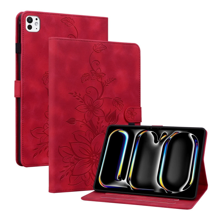 For iPad Pro 11 2024 Lily Embossed Leather Smart Tablet Case(Red) - iPad Pro 11 2024 Cases by PMC TechLife | Online Shopping South Africa | PMC TechLife | Buy Now Pay Later Mobicred