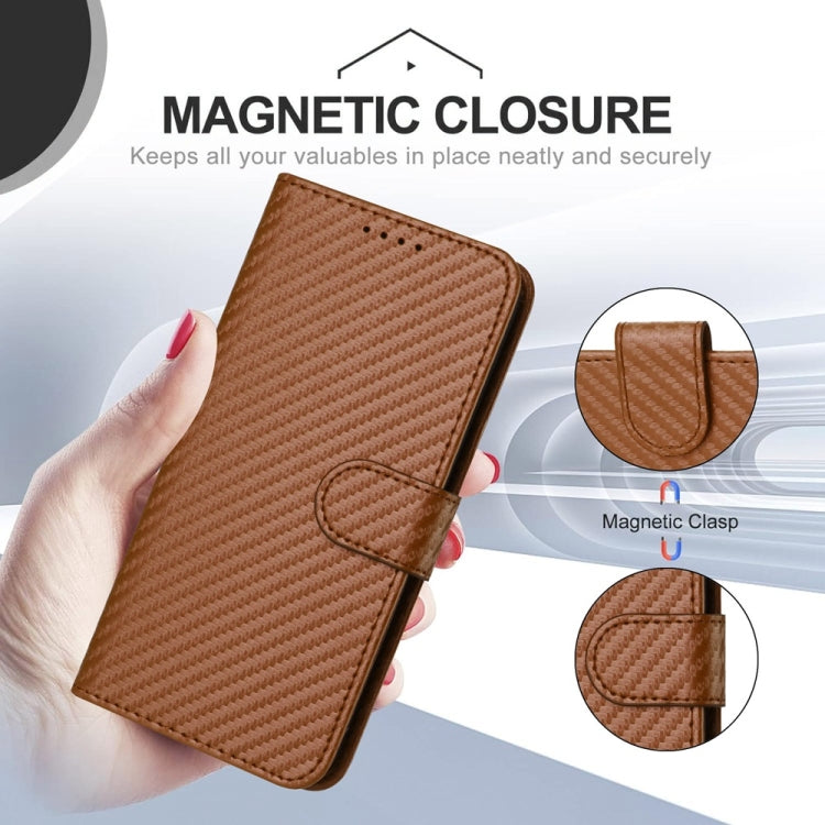 For iPhone 16 YX0070 Carbon Fiber Buckle Leather Phone Case with Lanyard(Coffee) - iPhone 16 Cases by PMC TechLife | Online Shopping South Africa | PMC TechLife | Buy Now Pay Later Mobicred