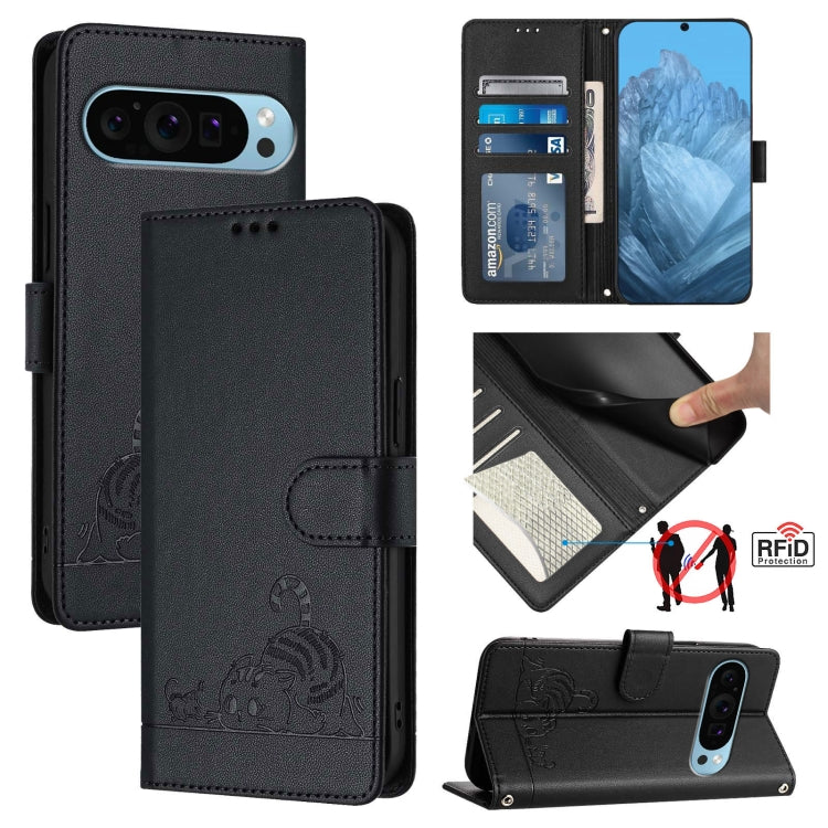 For Google Pixel 9 / 9 Pro Cat Rat Embossed Pattern RFID Leather Phone Case with Lanyard(Black) - Google Cases by PMC Jewellery | Online Shopping South Africa | PMC Jewellery | Buy Now Pay Later Mobicred