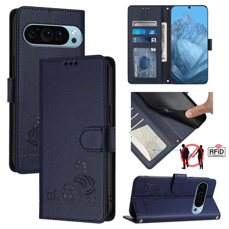 For Google Pixel 9 Pro XL Cat Rat Embossed Pattern RFID Leather Phone Case with Lanyard(Blue) - Google Cases by PMC Jewellery | Online Shopping South Africa | PMC Jewellery | Buy Now Pay Later Mobicred