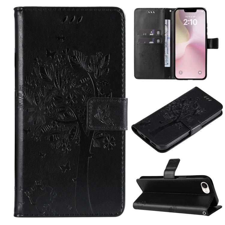For iPhone SE 2024 Tree & Cat Embossed Pattern Flip Leather Phone Case(Black) - More iPhone Cases by PMC Jewellery | Online Shopping South Africa | PMC Jewellery | Buy Now Pay Later Mobicred