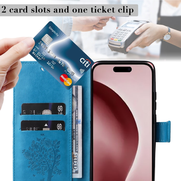 For iPhone 16 Pro Tree & Cat Embossed Pattern Flip Leather Phone Case(Blue) - iPhone 16 Pro Cases by PMC TechLife | Online Shopping South Africa | PMC TechLife | Buy Now Pay Later Mobicred