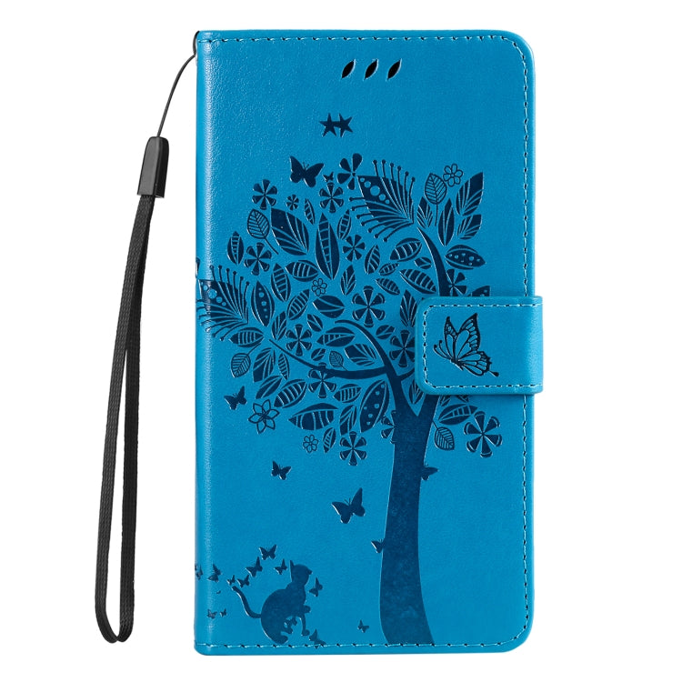 For iPhone 16 Tree & Cat Embossed Pattern Flip Leather Phone Case(Blue) - iPhone 16 Cases by PMC TechLife | Online Shopping South Africa | PMC TechLife | Buy Now Pay Later Mobicred