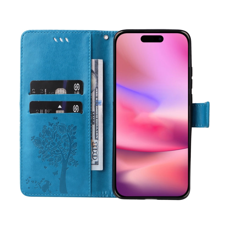 For iPhone 16 Tree & Cat Embossed Pattern Flip Leather Phone Case(Blue) - iPhone 16 Cases by PMC TechLife | Online Shopping South Africa | PMC TechLife | Buy Now Pay Later Mobicred