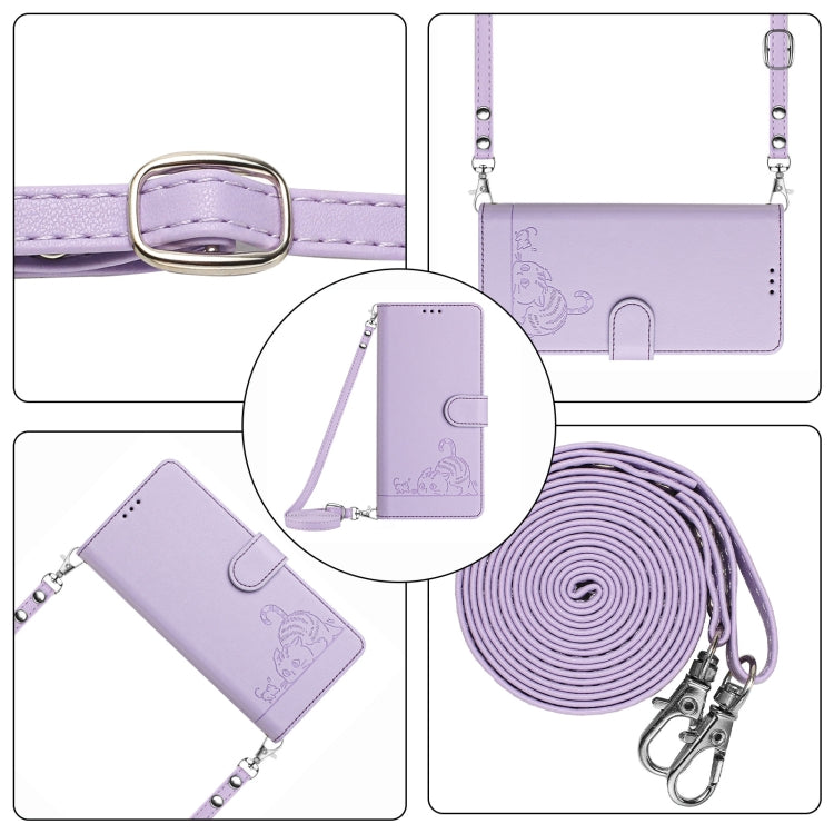 For OPPO Find X7 Ultra Cat Rat Embossed Pattern RFID Leather Phone Case with Lanyard(Purple) - Find X7 Ultra Cases by PMC Jewellery | Online Shopping South Africa | PMC Jewellery | Buy Now Pay Later Mobicred