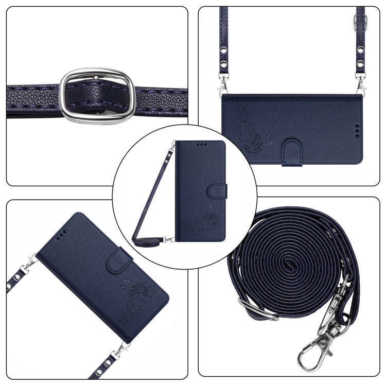 For iPhone 16e Cat Rat Embossed Pattern RFID Leather Phone Case with Lanyard(Blue) - iPhone 16e Cases by PMC TechLife | Online Shopping South Africa | PMC TechLife | Buy Now Pay Later Mobicred