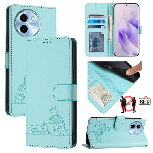 For vivo Y38 5G Cat Rat Embossed Pattern RFID Leather Phone Case with Lanyard(Mint Green) - vivo Cases by PMC Jewellery | Online Shopping South Africa | PMC Jewellery | Buy Now Pay Later Mobicred