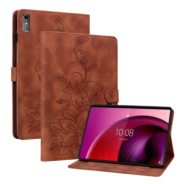 For Lenovo Tab M10 5G 2023 Lily Embossed Leather Tablet Case(Brown) - Lenovo by PMC TechLife | Online Shopping South Africa | PMC TechLife | Buy Now Pay Later Mobicred