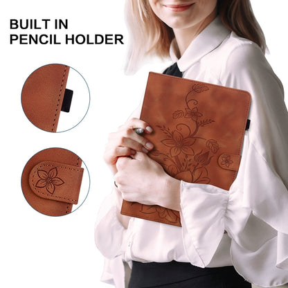 For Samsung Galaxy Tab S9+ / S9 FE+ Lily Embossed Leather Tablet Case(Brown) - Galaxy Tab S9+ Cases by PMC Jewellery | Online Shopping South Africa | PMC Jewellery | Buy Now Pay Later Mobicred