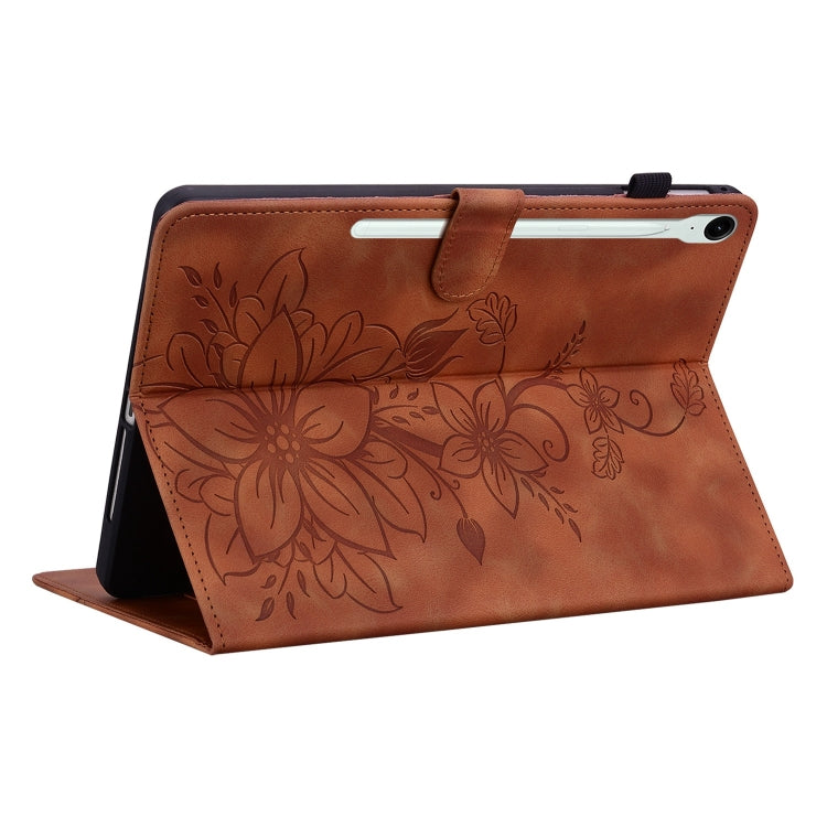 For Samsung Galaxy Tab S9 / S9 FE Lily Embossed Leather Tablet Case(Brown) - free shipping - PMC Jewellery - Order now!