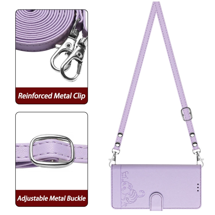For Tecno Spark GO 2024 Cat Rat Embossed Pattern RFID Leather Phone Case with Lanyard(Purple) - Tecno Cases by PMC Jewellery | Online Shopping South Africa | PMC Jewellery | Buy Now Pay Later Mobicred