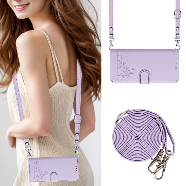 For Tecno Spark GO 2024 Cat Rat Embossed Pattern RFID Leather Phone Case with Lanyard(Purple) - Tecno Cases by PMC Jewellery | Online Shopping South Africa | PMC Jewellery | Buy Now Pay Later Mobicred