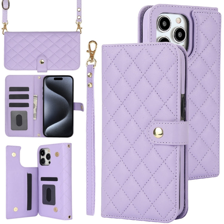 For iPhone 16 Pro Max Crossbody Multifunction Rhombic Leather Phone Case(Purple) - iPhone 16 Pro Max Cases by PMC Jewellery | Online Shopping South Africa | PMC Jewellery | Buy Now Pay Later Mobicred