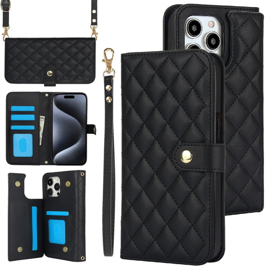 For iPhone 16 Pro Crossbody Multifunction Rhombic Leather Phone Case(Black) - More iPhone Cases by PMC Jewellery | Online Shopping South Africa | PMC Jewellery | Buy Now Pay Later Mobicred