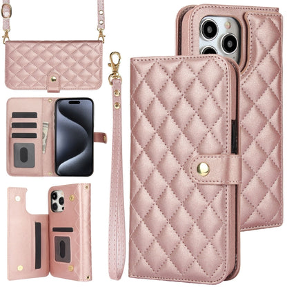 For iPhone 16 Pro Crossbody Multifunction Rhombic Leather Phone Case(Rose Gold) - More iPhone Cases by PMC Jewellery | Online Shopping South Africa | PMC Jewellery | Buy Now Pay Later Mobicred