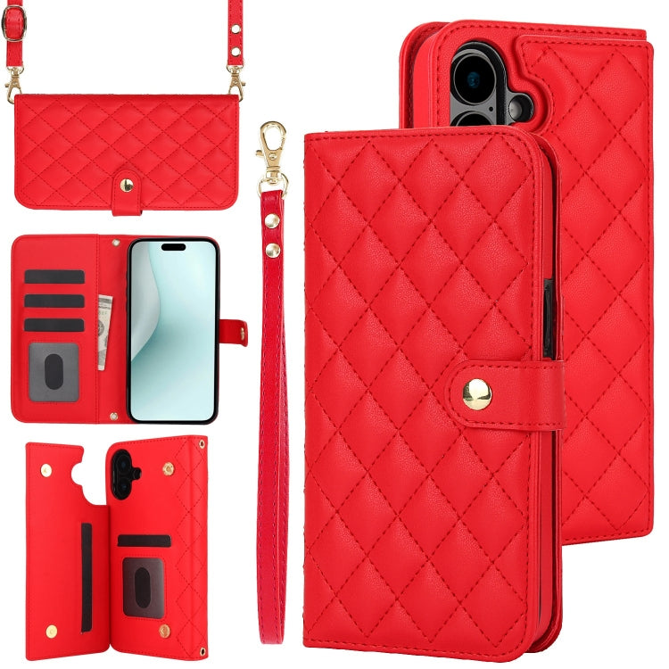 For iPhone 16 Plus Crossbody Multifunction Rhombic Leather Phone Case(Red) - iPhone 16 Plus Cases by PMC Jewellery | Online Shopping South Africa | PMC Jewellery | Buy Now Pay Later Mobicred