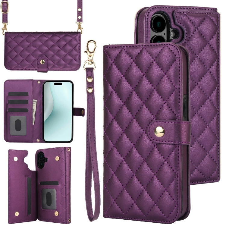 For iPhone 16 Plus Crossbody Multifunction Rhombic Leather Phone Case(Dark Purple) - iPhone 16 Plus Cases by PMC Jewellery | Online Shopping South Africa | PMC Jewellery | Buy Now Pay Later Mobicred