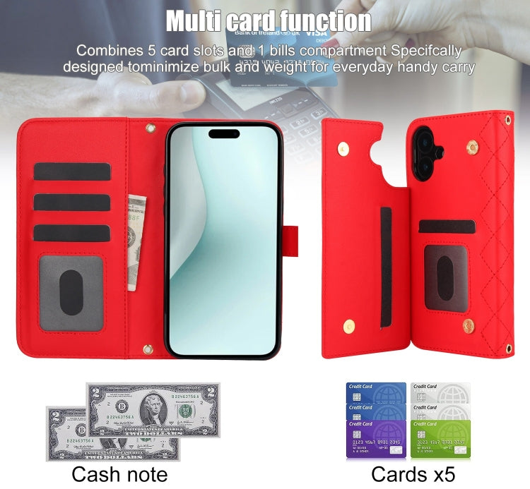 For iPhone 16 Crossbody Multifunction Rhombic Leather Phone Case(Red) - iPhone 16 Cases by PMC Jewellery | Online Shopping South Africa | PMC Jewellery | Buy Now Pay Later Mobicred