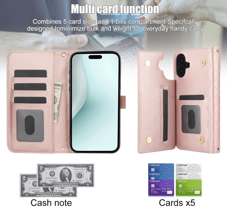 For iPhone 16 Crossbody Multifunction Rhombic Leather Phone Case(Rose Gold) - iPhone 16 Cases by PMC Jewellery | Online Shopping South Africa | PMC Jewellery | Buy Now Pay Later Mobicred