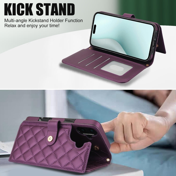 For iPhone 16 Crossbody Multifunction Rhombic Leather Phone Case(Dark Purple) - iPhone 16 Cases by PMC Jewellery | Online Shopping South Africa | PMC Jewellery | Buy Now Pay Later Mobicred