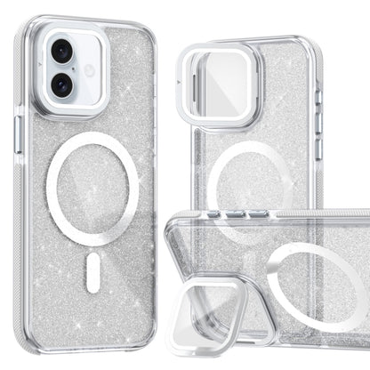 For iPhone 16 Plus Two-color Glitter Powder Lens Holder Magsafe Phone Case(White) - iPhone 16 Plus Cases by PMC Jewellery | Online Shopping South Africa | PMC Jewellery | Buy Now Pay Later Mobicred