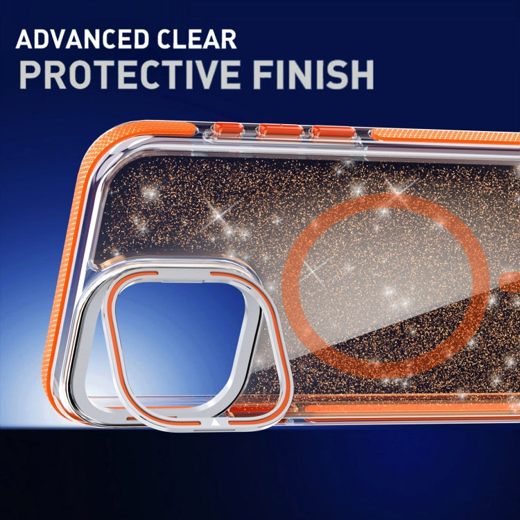 For iPhone 16 Pro Max Two-color Glitter Powder Lens Holder Magsafe Phone Case(Orange) - iPhone 16 Pro Max Cases by PMC Jewellery | Online Shopping South Africa | PMC Jewellery | Buy Now Pay Later Mobicred