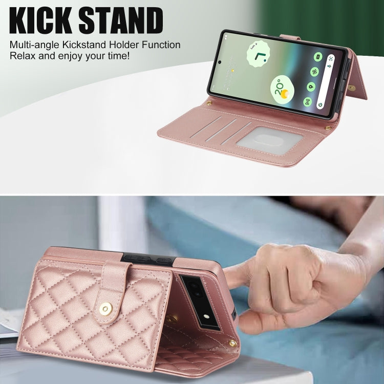 For Google Pixel 6a Crossbody Multifunction Rhombic Leather Phone Case(Rose Gold) - Google Cases by PMC TechLife | Online Shopping South Africa | PMC TechLife | Buy Now Pay Later Mobicred