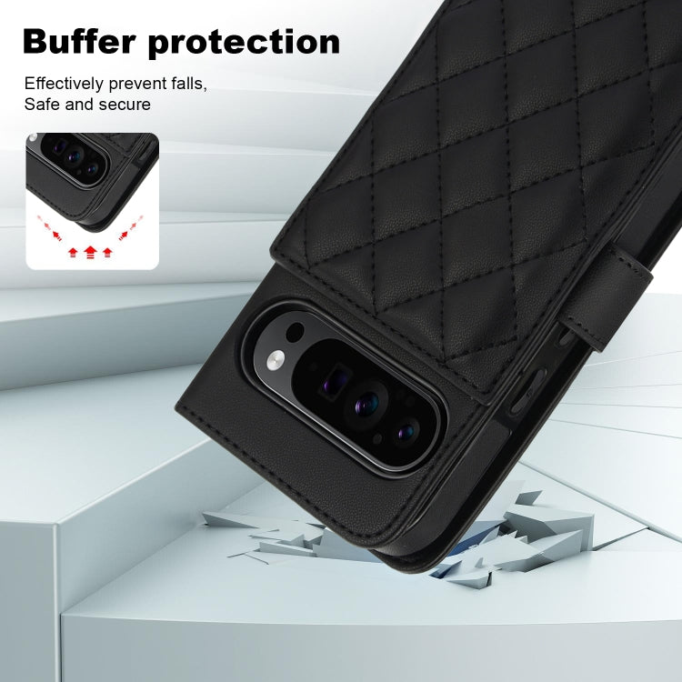 For Google Pixel 9 Crossbody Multifunction Rhombic Leather Phone Case(Black) - Google Cases by PMC TechLife | Online Shopping South Africa | PMC TechLife | Buy Now Pay Later Mobicred