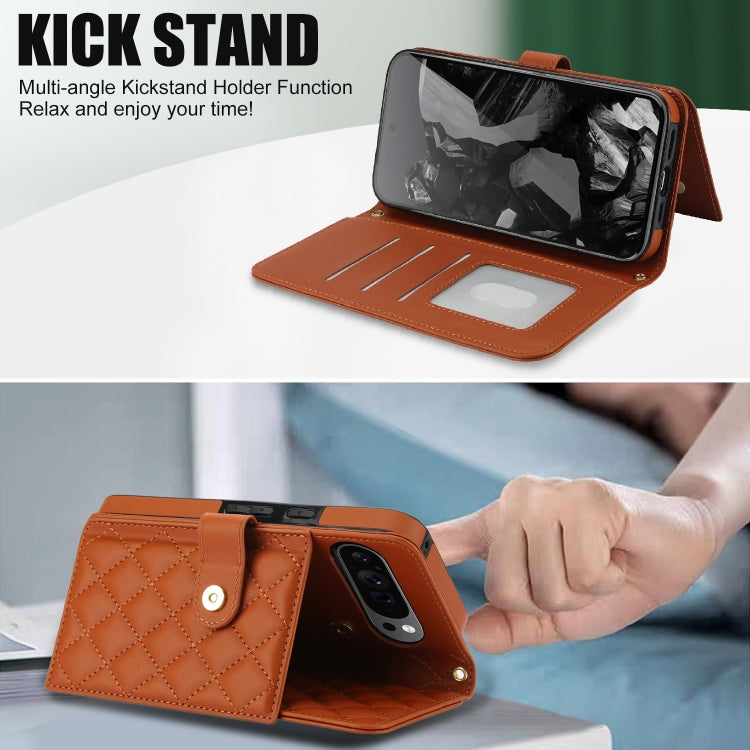 For Google Pixel 9 Crossbody Multifunction Rhombic Leather Phone Case(Brown) - Google Cases by PMC TechLife | Online Shopping South Africa | PMC TechLife | Buy Now Pay Later Mobicred
