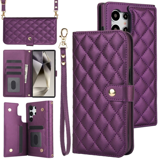 For Samsung Galaxy S24 Ultra 5G Crossbody Multifunction Rhombic Leather Phone Case(Dark Purple) - Galaxy S24 Ultra 5G Cases by PMC Jewellery | Online Shopping South Africa | PMC Jewellery | Buy Now Pay Later Mobicred