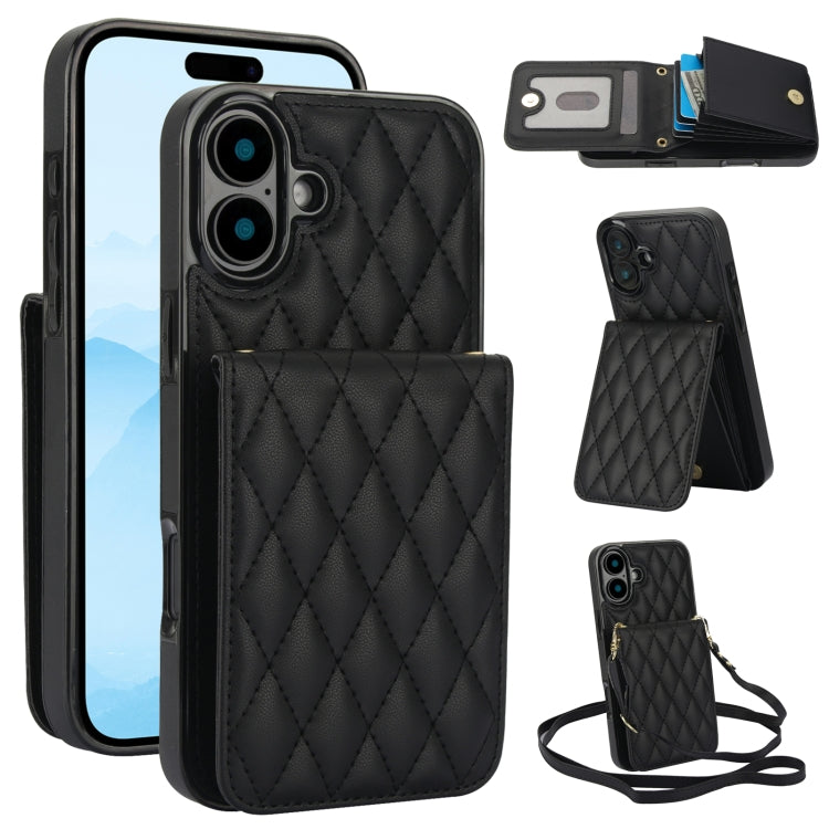 For iPhone 16 Plus YM015 Crossbody Rhombic Card Bag RFID Phone Case(Black) - iPhone 16 Plus Cases by PMC Jewellery | Online Shopping South Africa | PMC Jewellery | Buy Now Pay Later Mobicred