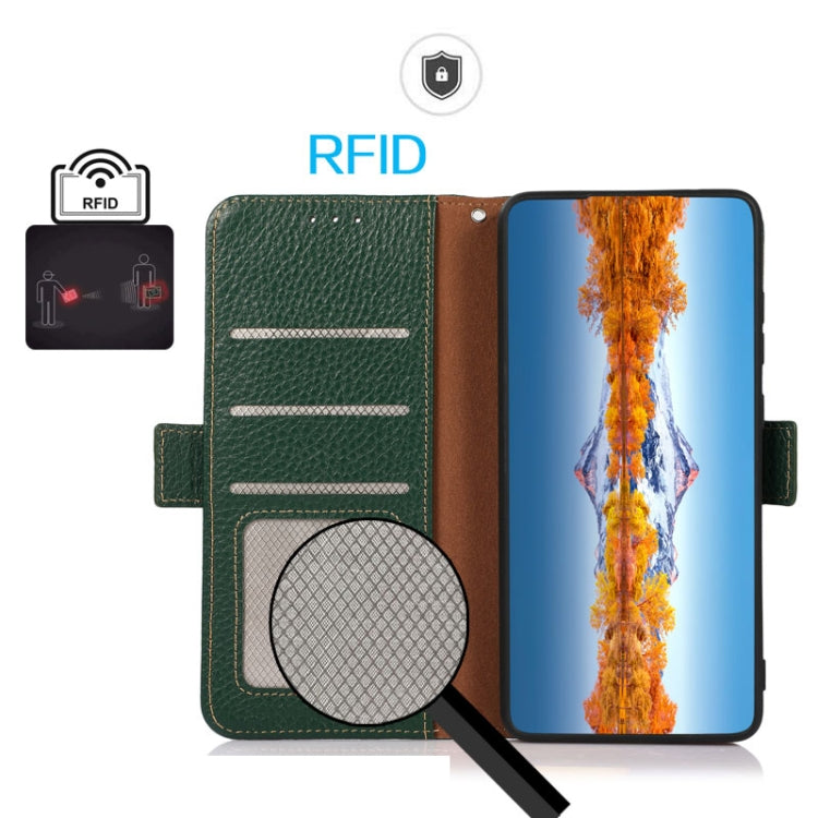 For iPhone 16 KHAZNEH Side-Magnetic Litchi Genuine Leather RFID Case(Green) - iPhone 16 Cases by PMC TechLife | Online Shopping South Africa | PMC TechLife | Buy Now Pay Later Mobicred