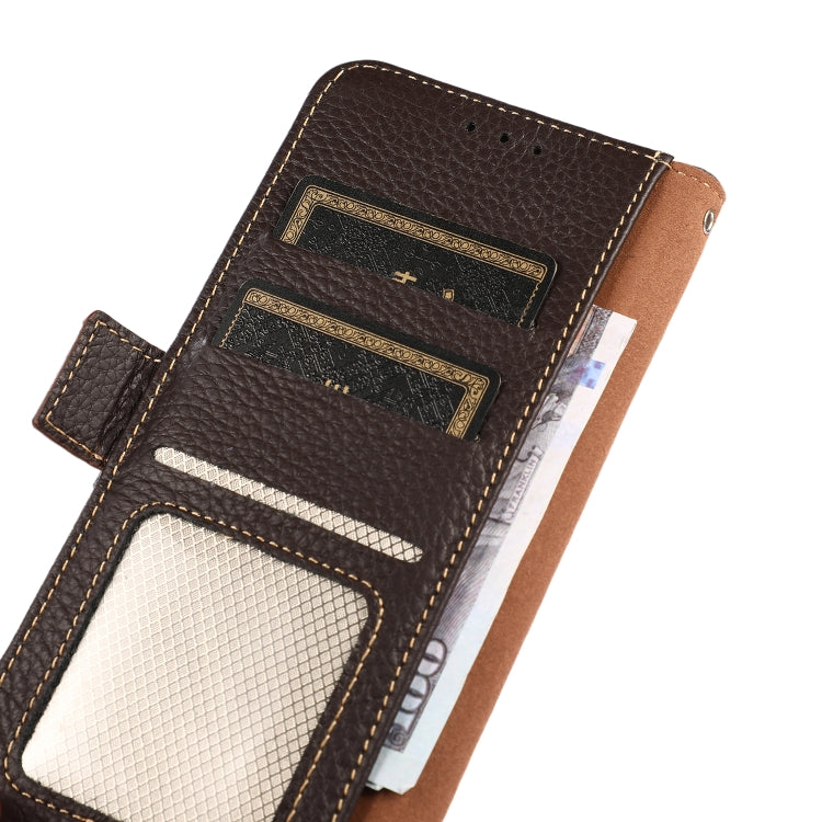 For iPhone 16e KHAZNEH Side-Magnetic Litchi Genuine Leather RFID Case(Brown) - iPhone 16e Cases by PMC TechLife | Online Shopping South Africa | PMC TechLife | Buy Now Pay Later Mobicred