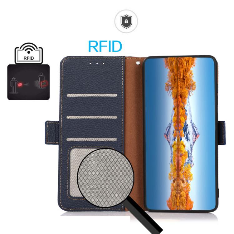 For iPhone 17 Air KHAZNEH Side-Magnetic Litchi Genuine Leather RFID Case(Blue) - free shipping - PMc TechLife - Order now!