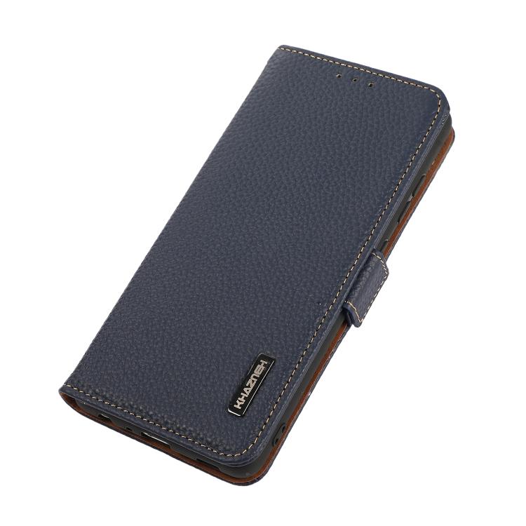 For iPhone 17 Air KHAZNEH Side-Magnetic Litchi Genuine Leather RFID Case(Blue) - free shipping - PMc TechLife - Order now!