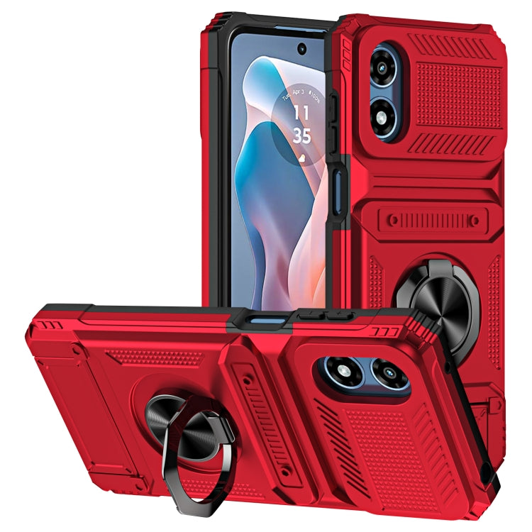 For Motorola Moto G Play 4G 2024 TPU+PC Shockproof Card Slot Phone Case with Metal Ring Holder(Red) - Motorola Cases by PMC Jewellery | Online Shopping South Africa | PMC Jewellery | Buy Now Pay Later Mobicred