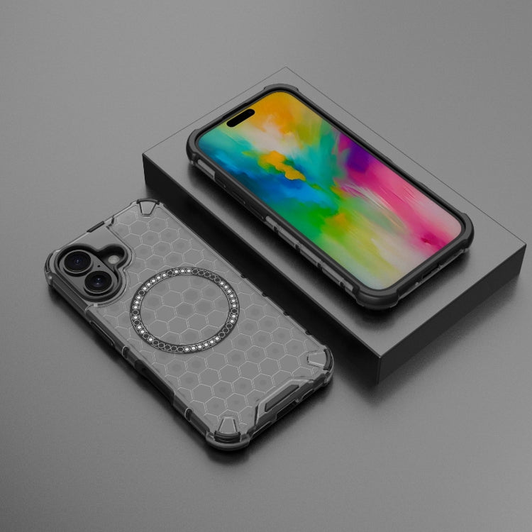 For iPhone 16 Honeycomb Magnetic Ring Shockproof Phone Case(Black) - iPhone 16 Cases by PMC TechLife | Online Shopping South Africa | PMC TechLife | Buy Now Pay Later Mobicred