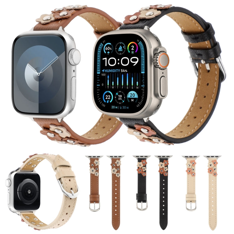 For Apple Watch SE 2023 44mm Stitched Flower Leather Watch Band(Khaki) - Watch Bands by PMc TechLife | Online Shopping South Africa | PMc TechLife | Buy Now Pay Later Mobicred