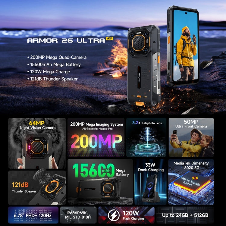 Ulefone Armor 26 Ultra Rugged Phone, 12GB+512GB, 6.78 inch Android 13 MediaTek Dimensity 8020 Octa Core, Network: 5G, NFC(Black) - free shipping - PMC TechLife - Order now!
