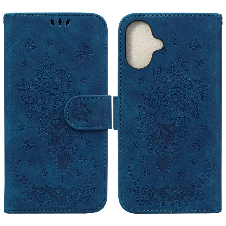 For iPhone 16 Plus Butterfly Rose Embossed Leather Phone Case(Blue) - iPhone 16 Plus Cases by PMC Jewellery | Online Shopping South Africa | PMC Jewellery | Buy Now Pay Later Mobicred