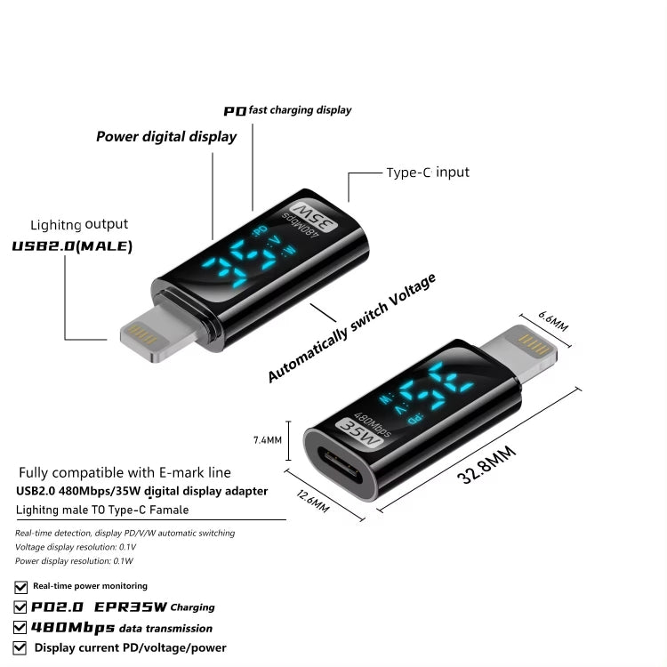 8 Pin Male to Type-C Female 35W Charging Adapter with Digital Display(Black) - Converter & Adapter by PMC Jewellery | Online Shopping South Africa | PMC Jewellery | Buy Now Pay Later Mobicred